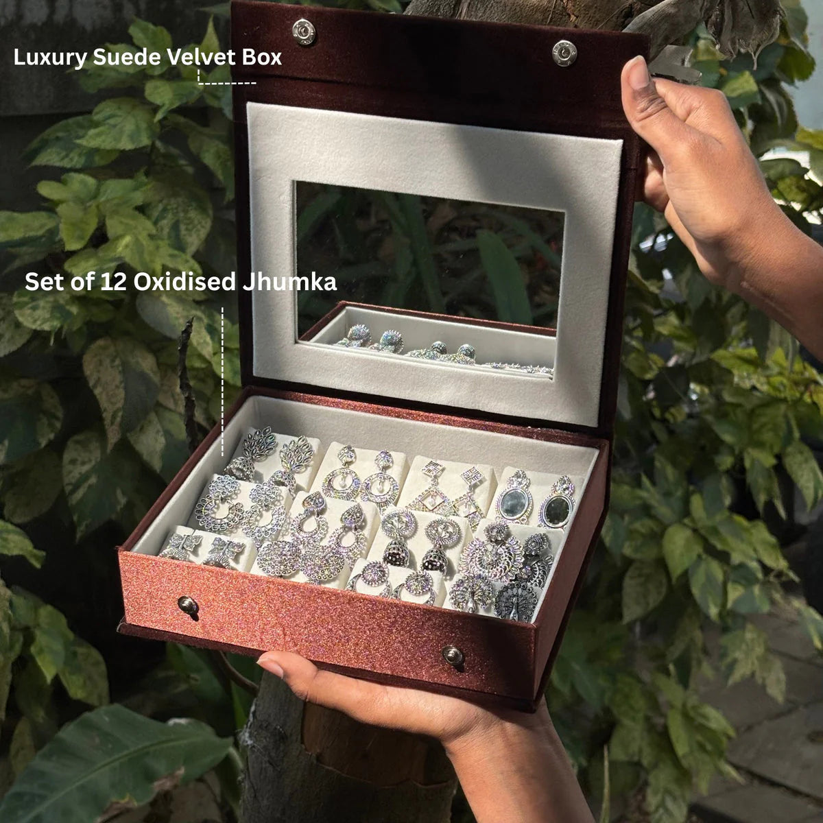 Premium Mirror Box With 12 Unique jhumkas And Name